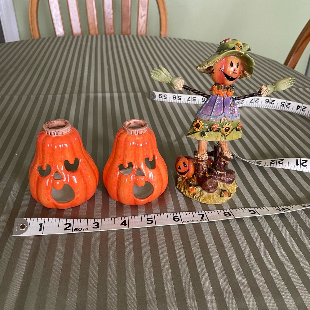 Autumn Harvest Orange Pumpkin Tea Light Holders & Scarecrow Figurine